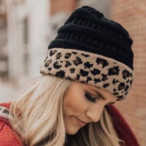 Black and leopard print beanie